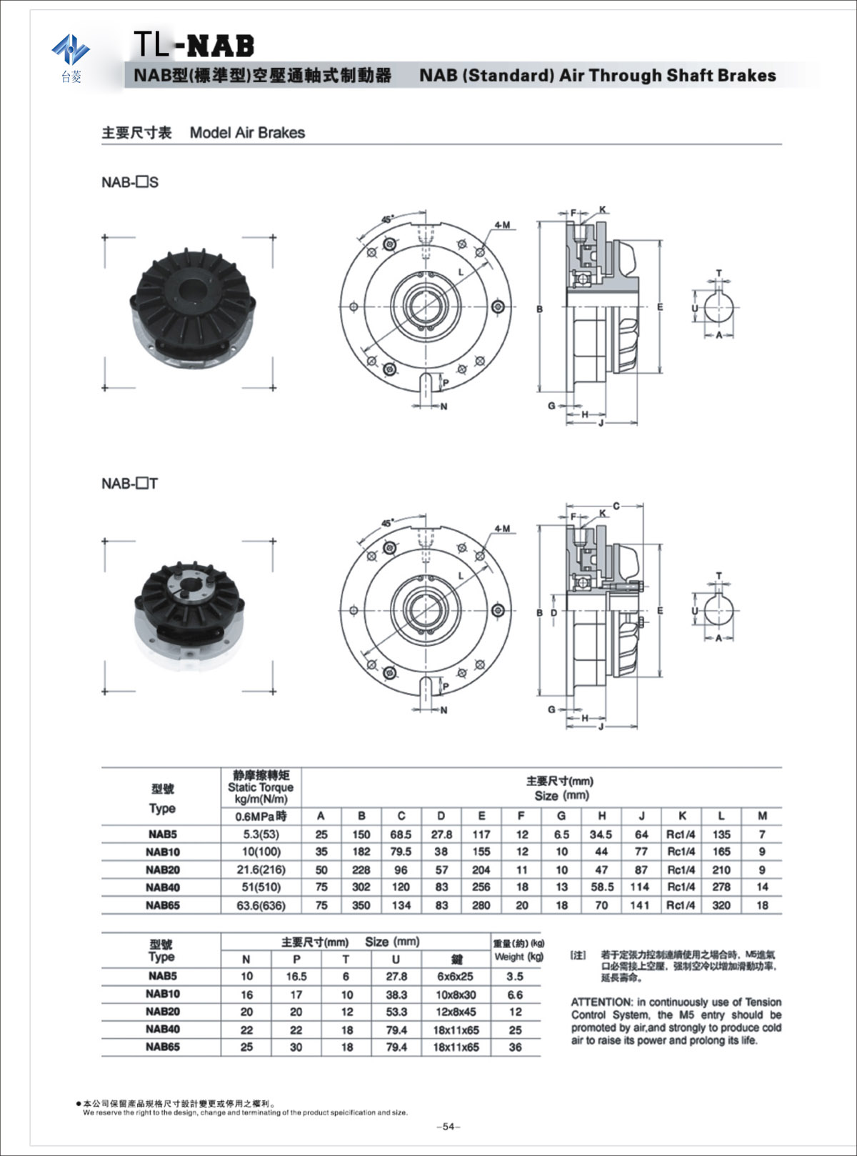 空壓通軸式制動器NAB標準型規(guī)格型號尺寸參數表